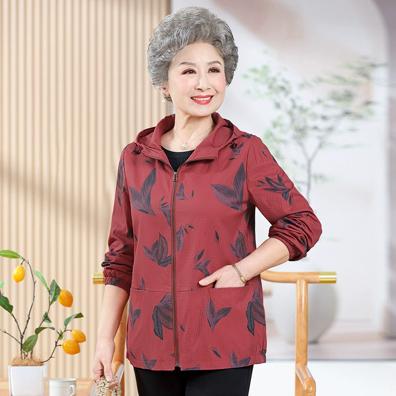 2025 мама весной и осенью топ женский молния тонкий плащ бабушка пальто с капюшоном