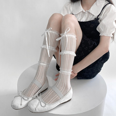 Summer thin pure desire girl white three-layer lace edge net fabric thin ribbon bow summer female calf sock