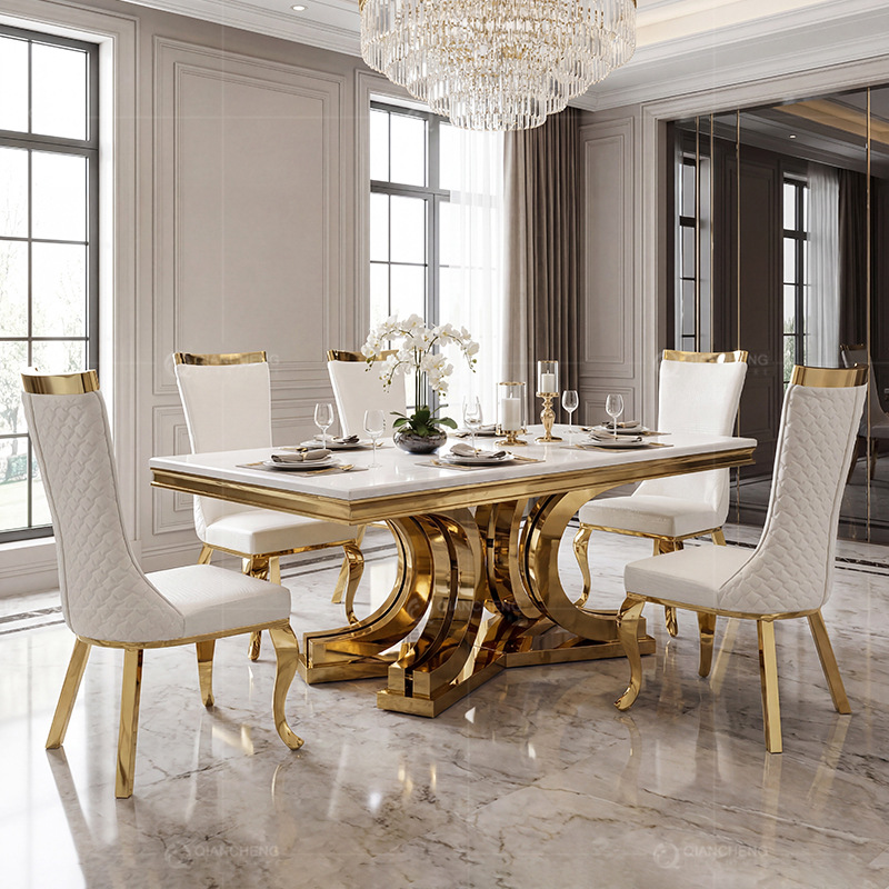 Mesa de Comedor de Mármol y Acero Inoxidable Rectangular para Restaurante y Hotel