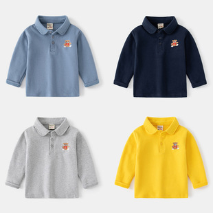 Children's Long-Sleeved Polo Shirt 2023 New Autum Boys' Lapel Embroidered Top Korean Style T-Shirt Kidsren's Clothing Wholesale