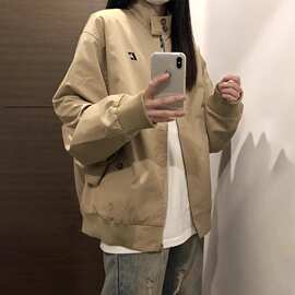 韩系氛围感夹克外套女2026初秋小个子美式工装立领卡其色棒球服