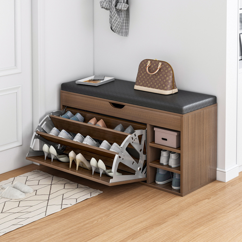 Banco para cambiar zapatos súper resistente y con gran capacidad de carga para la entrada, con tapicería suave, y zapatero abatible multifuncional para la entrada.