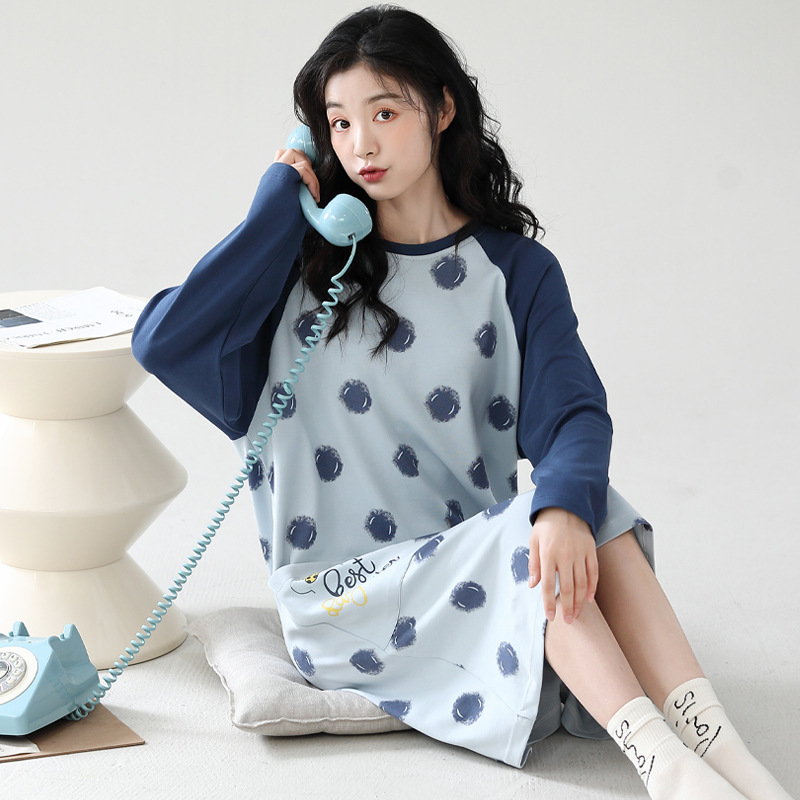 Camisón con almohadilla en el pecho Otoño e Invierno de las mujeres de manga larga de algodón puro pijamas de niña linda al por mayor de fábrica dulce directo se puede usar fuera