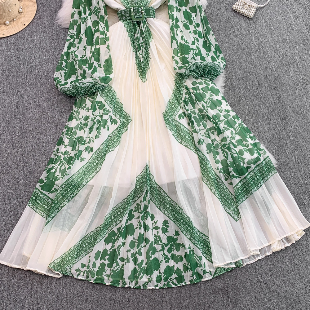 Retro Printed Dress With Stand Collar And Lantern Sleeves_voghion.com