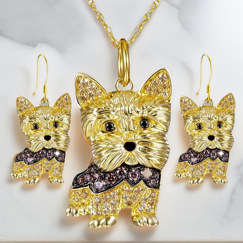 Cross-Border Hot Selling Cute Yorkshire Terrier Pet Shaped Pendant Necklace Cute Puppy Earrings Necklace Set