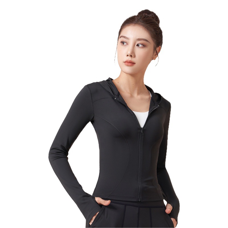 Nueva chaqueta de yoga y fitness para mujer de Juyitang, de manga larga, con capucha, ajustada, cortavientos y de corte slim.