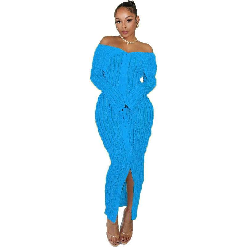 Elegant One Shoulder Women's Dress With Wave Pattern Long Sleeves_voghion.com