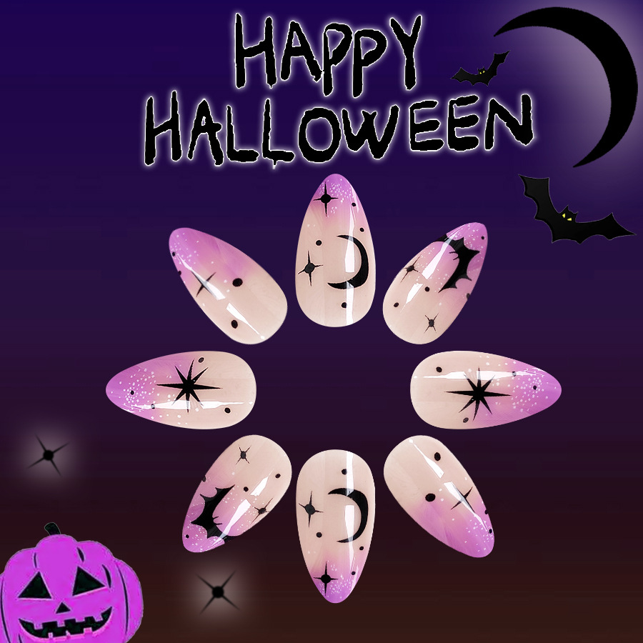 Almond Shape False Nails Black Bat Moon Star Halloween Design_voghion.com