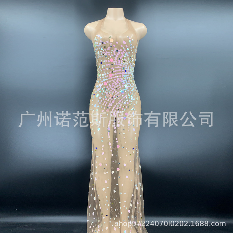 2024 New Modern Nightclub Female Singer Host Dj Sequin Mesh Long Dress Stage Performance Costume