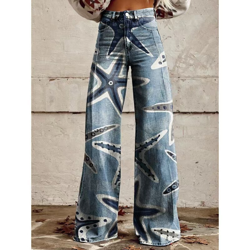 New European and American High-Waisted Wide-Leg Faux Denim Pants, European and American Retro Printed Loose Straight-Leg Long Pants, Cross-Border Fashion Women's Pants New European and American High-Waisted Wide-Leg Faux Denim Pants, European and American Retro Printed Loose Straight-Leg Long Pants, Cross-Border Fashion Women's Pants