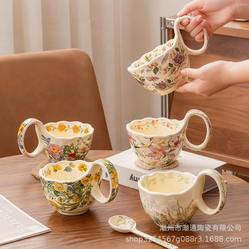 Flower Dessert Bowl Coffee Cup Large Capacity Mug Afternoon Tea Set High-Looking Ceramic Yogurt Bowl Breakfast Cup