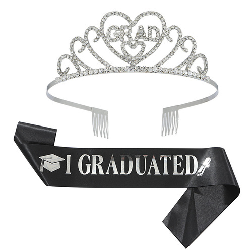 European and American graduation party crown shoulder strap ribbon 2-piece set alloy rhinestone letter headdress hair accessories graduated