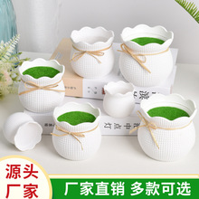 仿真塑料花盆绿色植绒泡沫创意麻绳仿真多肉盆栽家居摆件插花装饰