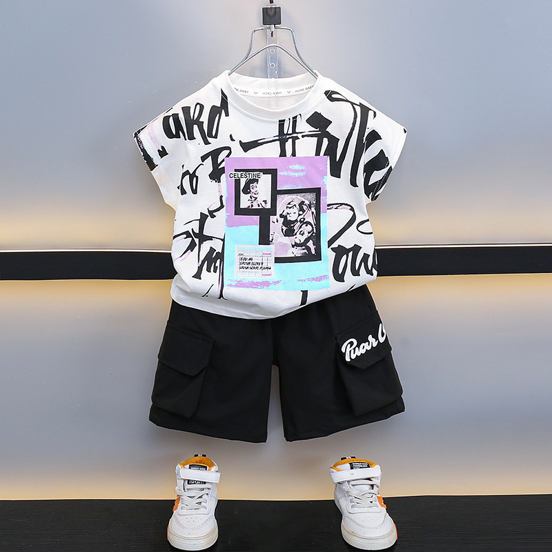 7473 traje de camiseta para niños 2025 nuevo traje de dos piezas sin mangas con estampado de verano para niños de moda hermosa