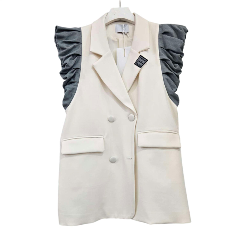 Estación europea de moda chaleco de mujer 2025 otoño y invierno nuevo color contraste manga plegada empalmado chaqueta vaquín cuello delgada