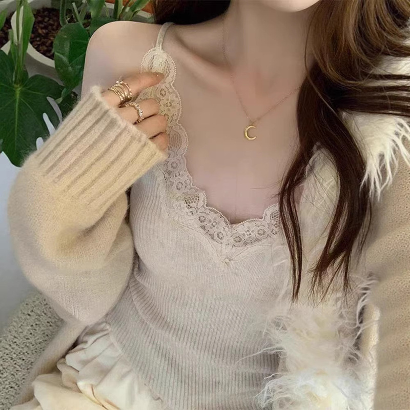 Lace Camisole Women's Inner Wear Knitted Vest for Spring and Autumn, Niche V-Neck Top, Korean Style for Summer