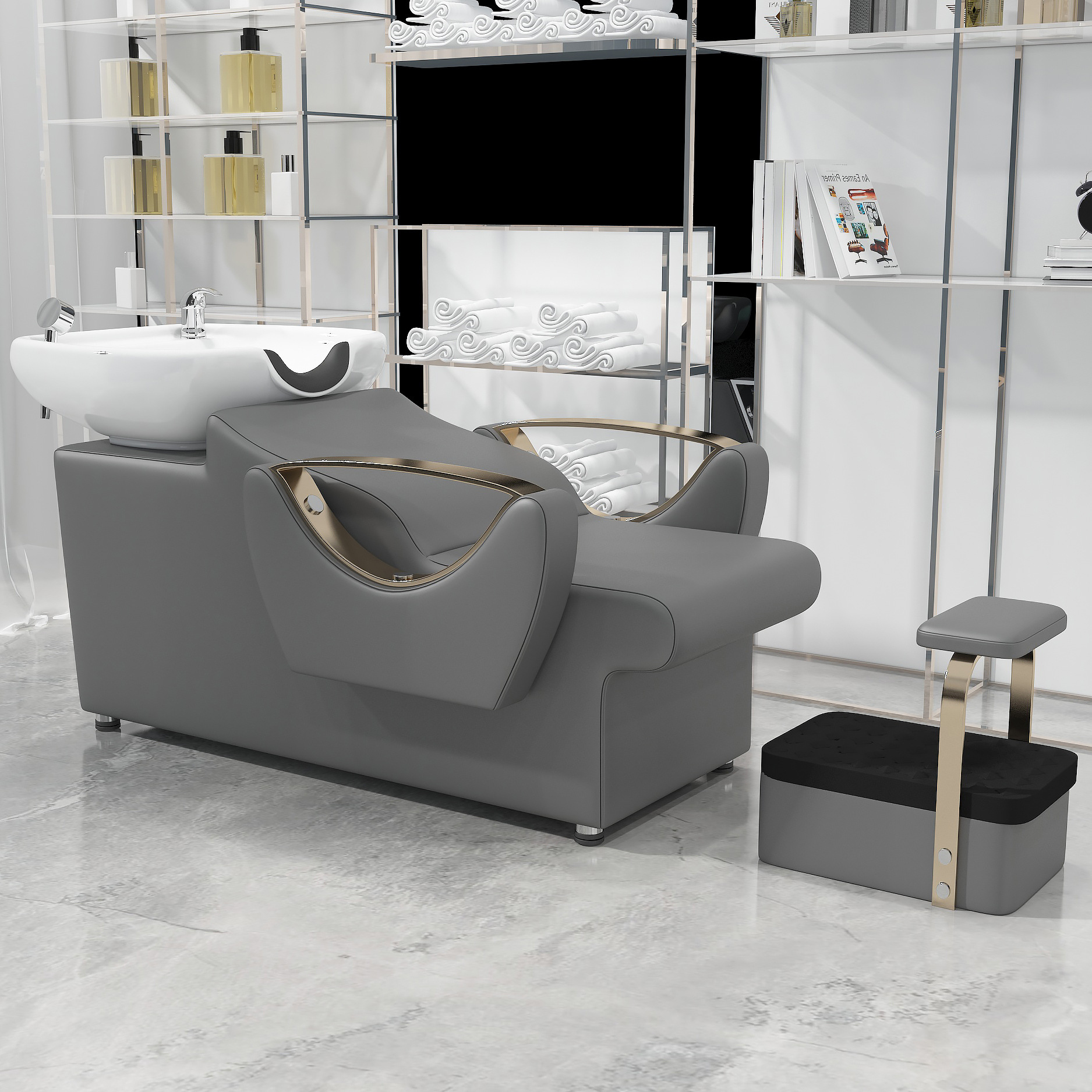 Barbería cama de lavado de cabello semi-recostada cama de lavado de cabello salón de peluquería lavabo de cerámica sillón con pedal cama de lavado de cabello de cuero