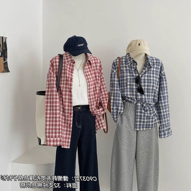 2025早秋新款韩版显瘦百搭慵懒韩系翻领撞色格子衬衫气质上衣女|undefined