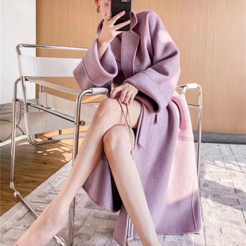 2023 autumn and winter new double-sided cashmere overcoat women's long high-end water ripple overcoat double-sided woolen overcoat women_voghion.com