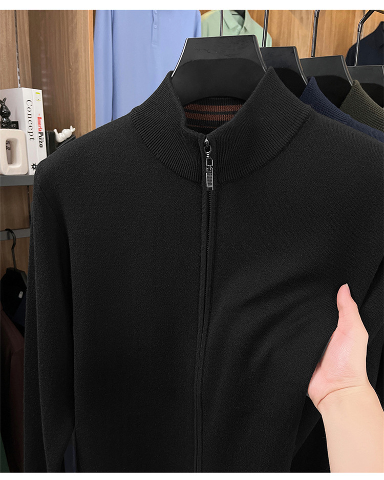 Áo len cardigan nam Haggis 100% len dày dặn có khóa kéo dệt kim cổ đứng — màu đen chi tiết 6