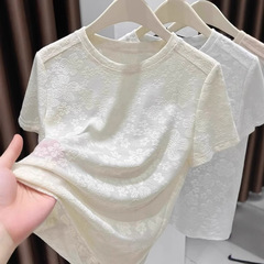 新しい中国風のライトナショナルスタイルアプリコットショルダーTシャツ女性用2025新しいジャカードフラワーラウンドネック多用途デザインシャツ