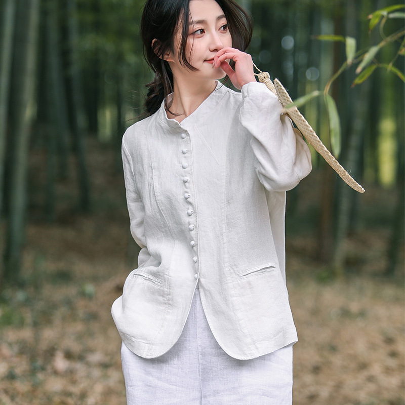 棉麻小西装外套女春秋季新款薄款宽松上衣文艺中式立领亚麻西服女|undefined