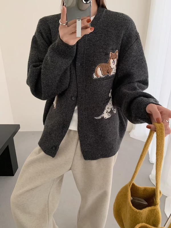 重工卡通小狗贴布刺绣针织开衫女2025秋冬新款韩系休闲针织外套厚|undefined