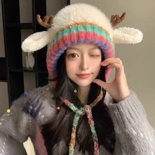 可爱鹿角毛绒帽子女秋冬季保暖绑带针织护耳雷锋帽甜美百搭套头帽