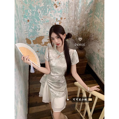 新しい中国風の女性の夏の新しいスタイルの半袖ドレス偽ツーピース不規則なスプライシングクールな改良されたチャイナドレス