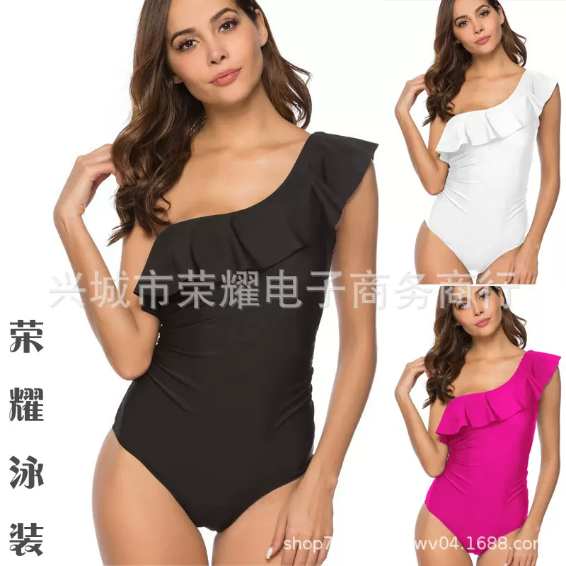2024新款欧美外贸跨境连体泳衣厂家批发单肩荷叶边纯色泳装bikini