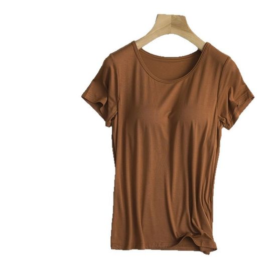 Modal Loose Large Size Short Sleeve T-shirt with Chest Pad Women's Bra-free Cup One-piece Half Sleeve Yoga Base Wholesale