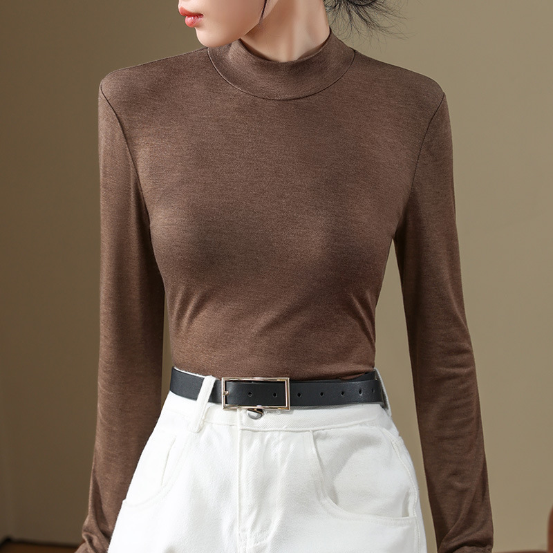 Camisa de fondo de terciopelo de cuello alto pequeño color café para mujer 2024 nuevo estilo interior de manga larga con ropa de fondo de piel cálida de estilo occidental de moda de otoño e invierno image 6