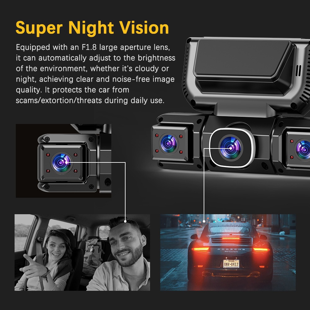 New 3inch Quad-Camera HD Dash Cam with Infrared Night Vision, IPS HD Screen, and WiFi Mobile Connectivity