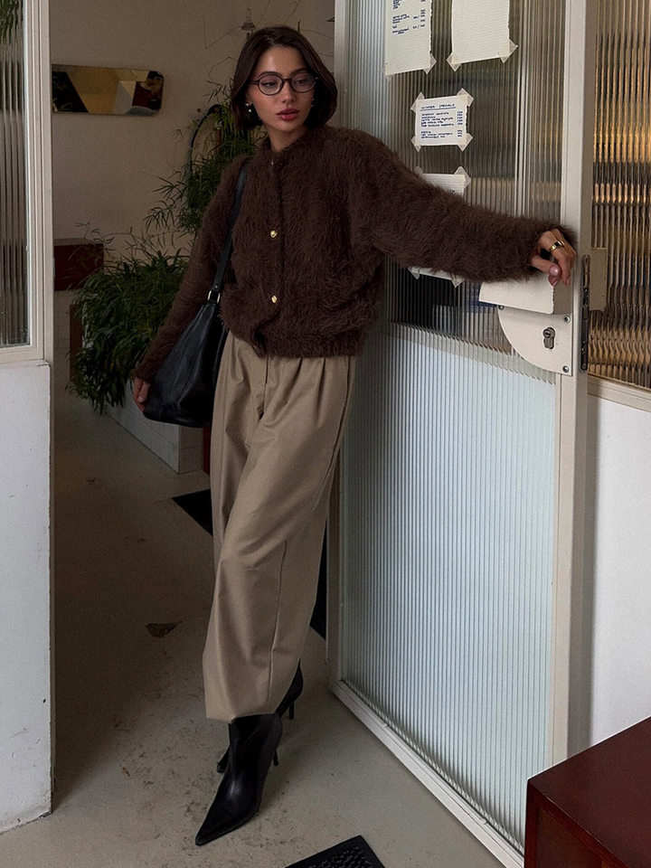 Áo cardigan len dệt kim dáng suông cổ tròn tay dài cài nút phong cách Hàn Quốc — Màu nâu, Xanh quân đội, màu hồng, Đỏ (Còn hàng) chi tiết 48