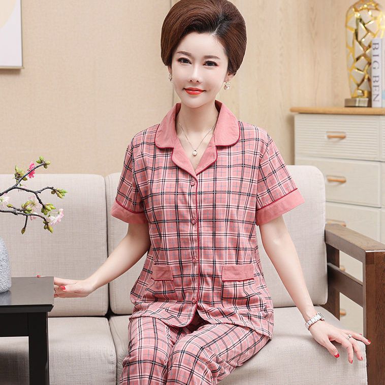 Pijama de algodón 100% de la madre de mediana edad verano de las mujeres pantalones de manga corta de mediana edad y ancianos solapa traje de desgaste para el hogar Suelto