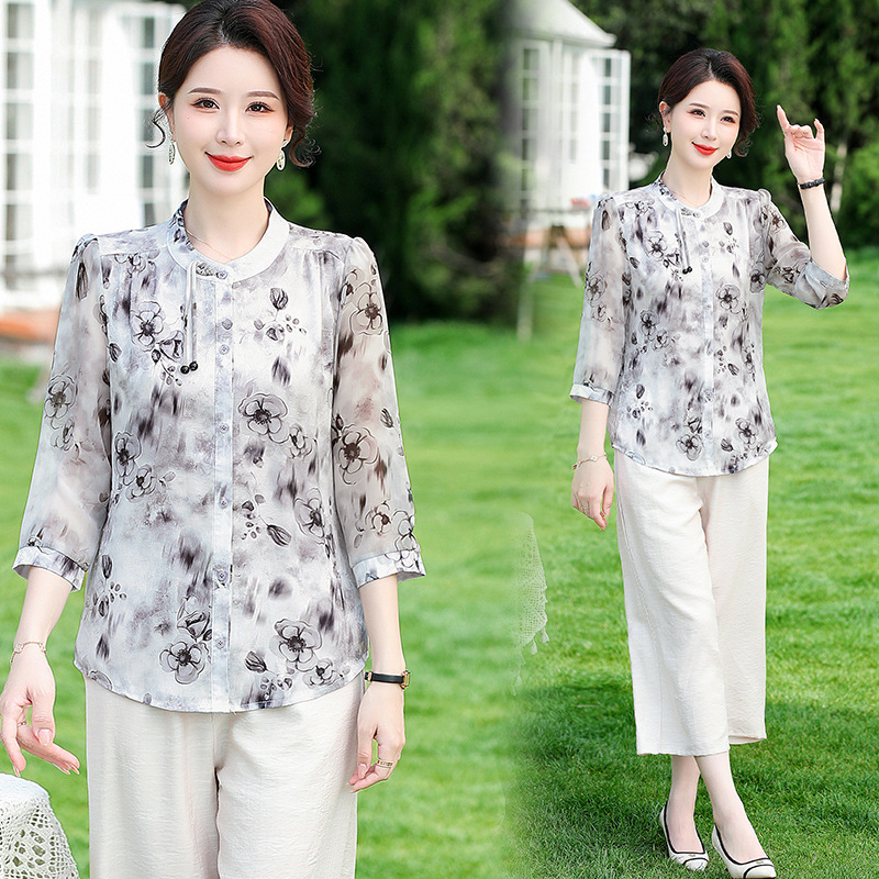 Middle-aged mother two-piece Chinese-style middle-sleeve shirt set for middle-aged and elderly women's 2024 summer new style small shirt