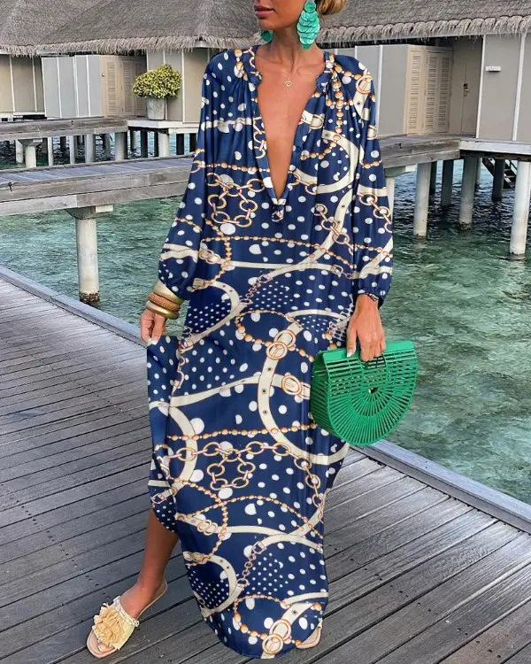 Wholesale Women'S Vacation Printing Printing Holiday V Neck Long Sleeve Swing Dress display picture 3