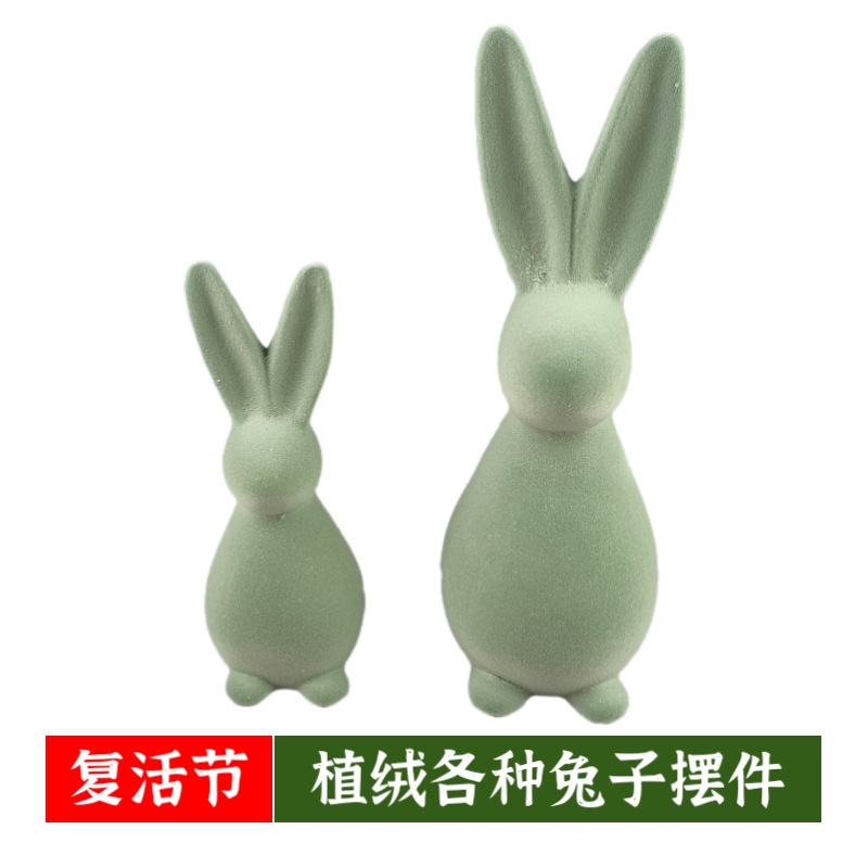Pascua simulación cerámica terciopelo verde adorno de conejo cerámica flocado adorno de conejo decoración artesanal del hogar