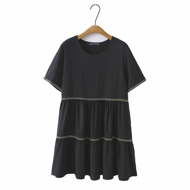 2025 новое летнее платье большого размера с короткими рукавами для полных девушек, утягивающая юбка средней длины, элегантное маленькое черное платье с круглым вырезом 2507