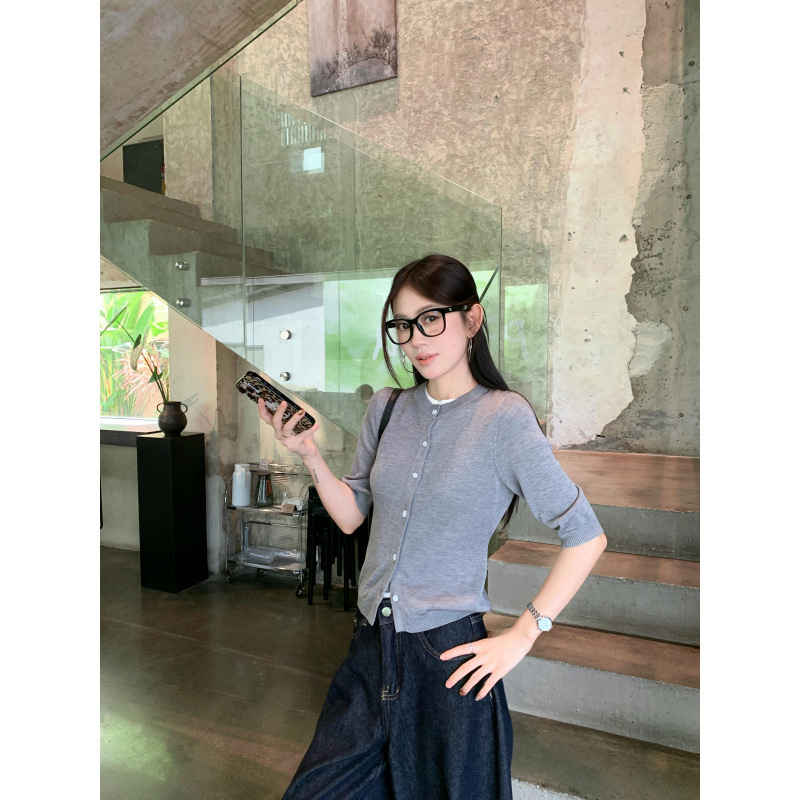 温柔韩系中袖圆领显瘦中袖短款针织开衫女上衣|undefined