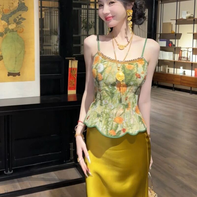 纯欲风辣妹套装女2025夏季新款气质收腰显印花吊带半身裙两件套|undefined