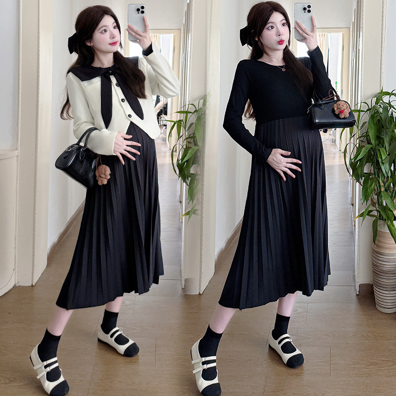 임산부복 2024년 봄 가을 드레스 임산부복 프랑스 기질 네이비 칼라 투피스 슈트 아우터웨어 서양식 스커트