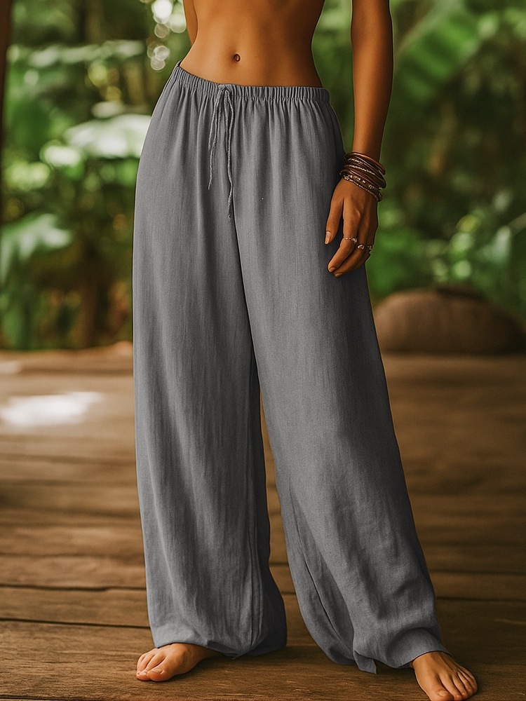 Women's Clothing Women's Cotton Linen Loose Straight Leg Pants With Elastic Waist And Pockets Solid Color Casual Bottoms_ecoleips.com