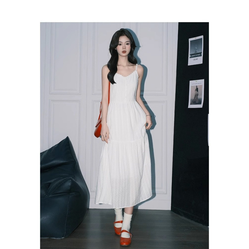 Korean Style Beautiful Temperament Gentle Skinny White Dress First Love Style Waist Tight High-end Wearing Summer Sling dress