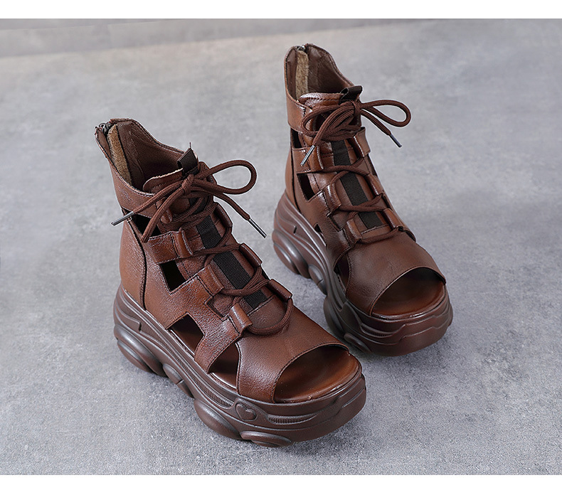 Sandal nữ da bò thật đế bánh xốp tăng chiều cao, quai mảnh cổ cao phong cách La Mã — Màu nâu chi tiết 13