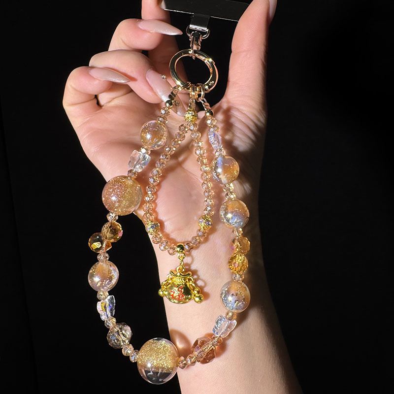 New Rich Woman Golden Crystal Fortune Bag Beaded Mobile Phone Chain Keychain Universal Anti-Fall Hanging Chain