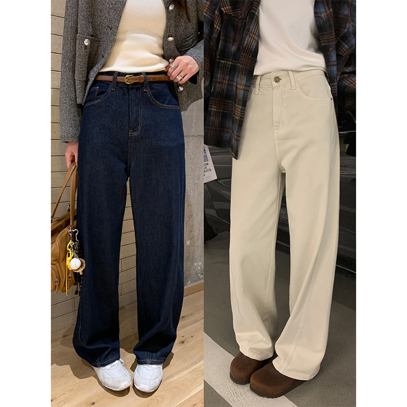Spring is not late machete tailoring design jeans women's autumn and winter fleece-lined straight pants white floor-mopping wide-leg pants