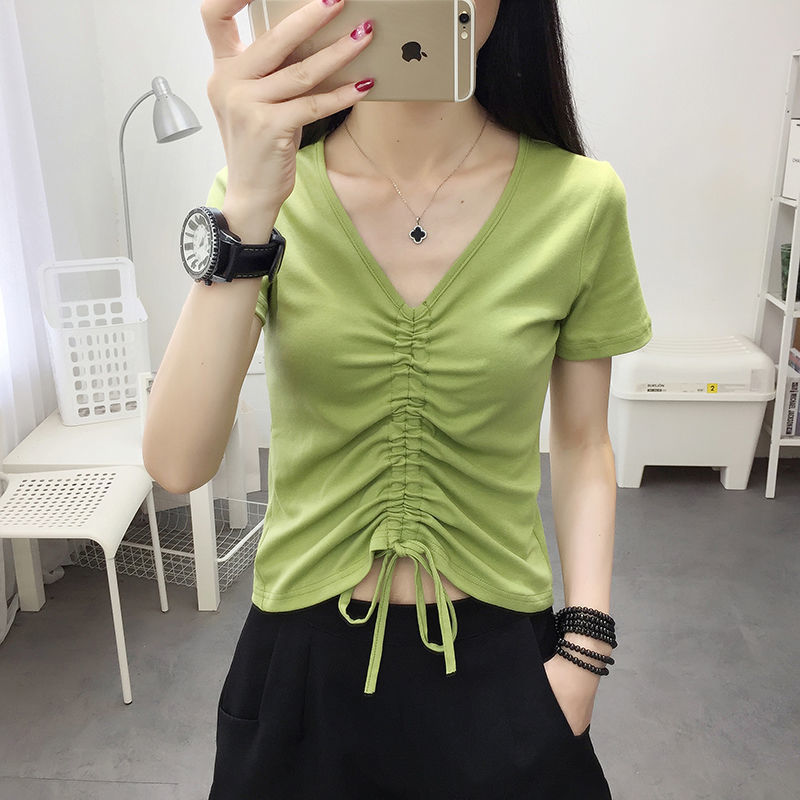 Threaded Cotton Summer Design Short-Sleeved T-Shirt for Women Slimming Look V Neck High-Waist Drawstring Short Top Bottoming Shirt for Women