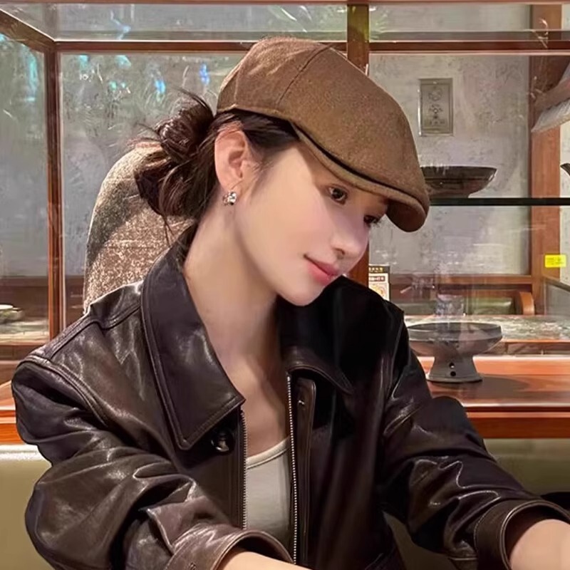 复古咖色棉麻女款夏季美式英伦风前进帽显脸小大头围贝雷帽子潮流|undefined