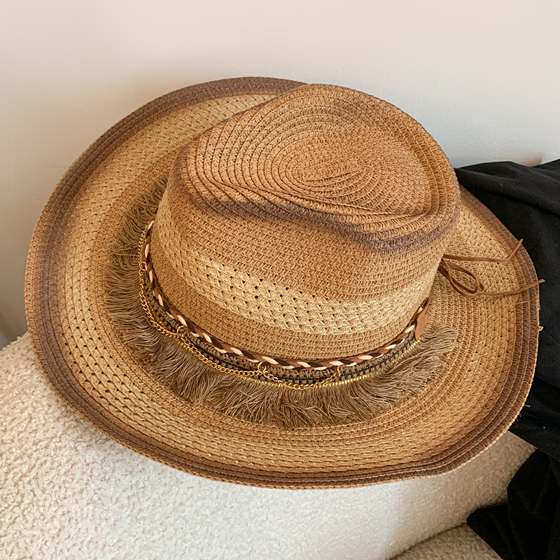 Ethnic Style Straw Western Cowboy Hat for Women, Summer Outdoor Travel, Horse Riding, Face-Slimming Sunshade, Sun Protection Straw Hat, Trendy